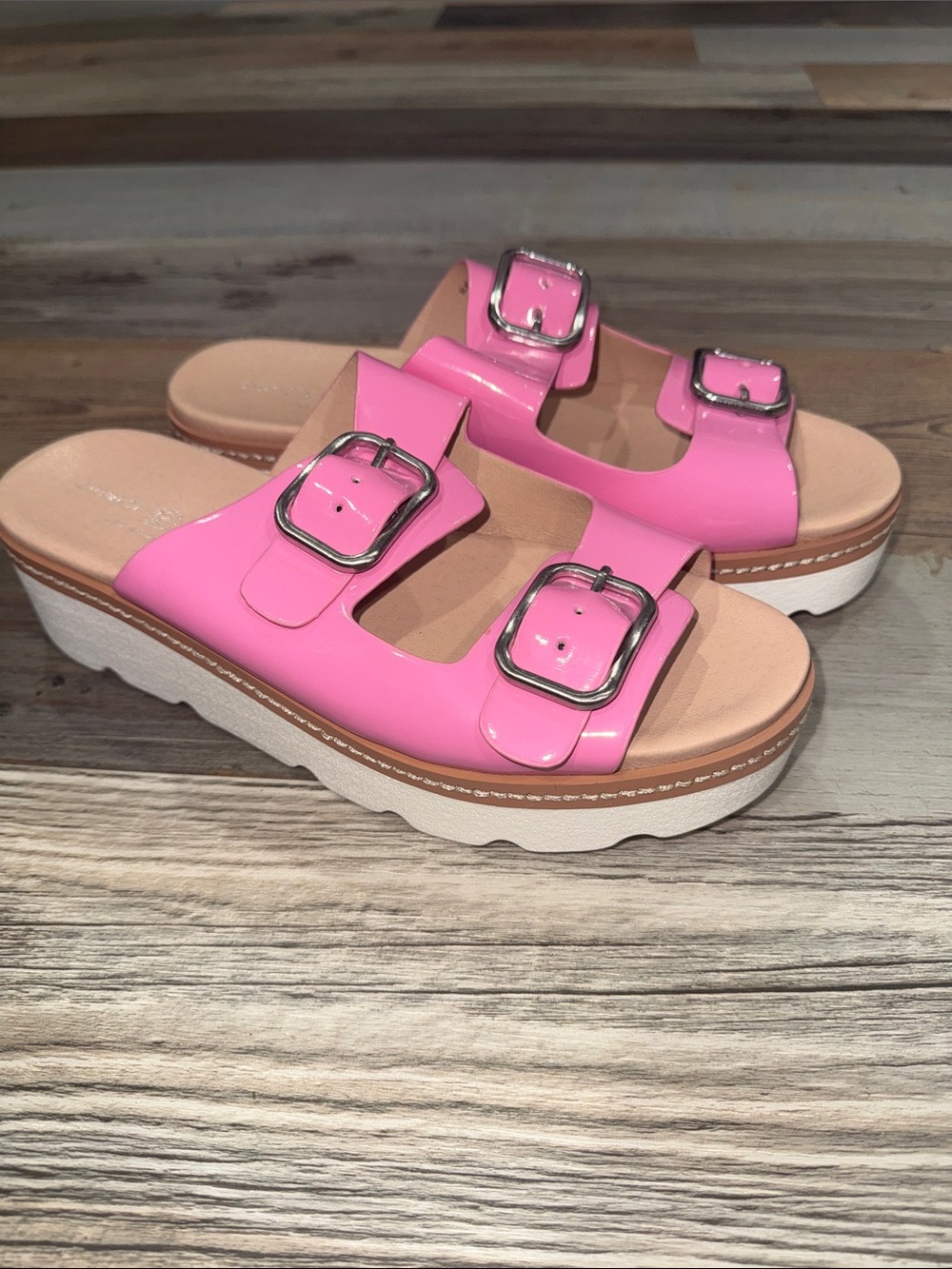 Chinese Laundry Hot Pink Double-Buckle Platform Slide Sandals